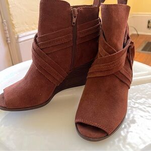 LUCKY BRAND Suede booties. Wedge heel, side zip. Size 6.5